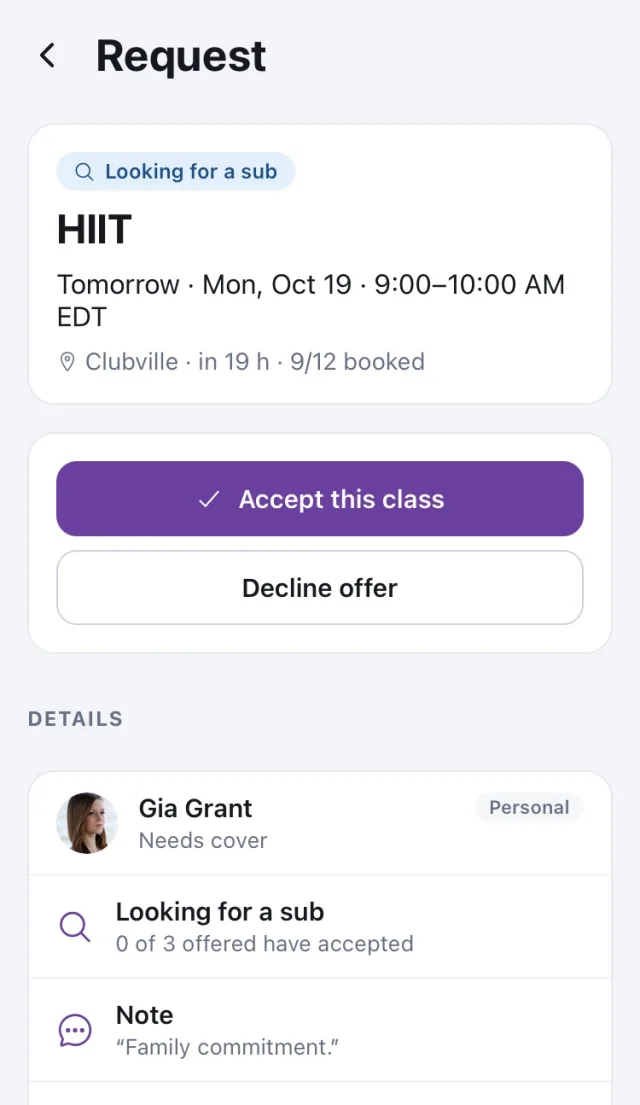 A request looking for a sub, with Accept this class and Decline offer buttons and the request's details.